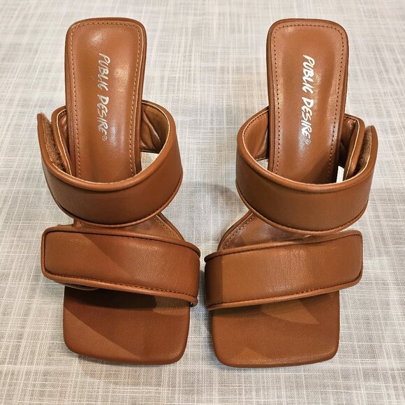 NWOT PUBLIC DESIRE Tan Velcro Double Strap Square Toe Heeled Kora Mules size 4 - Picture 1 of 10